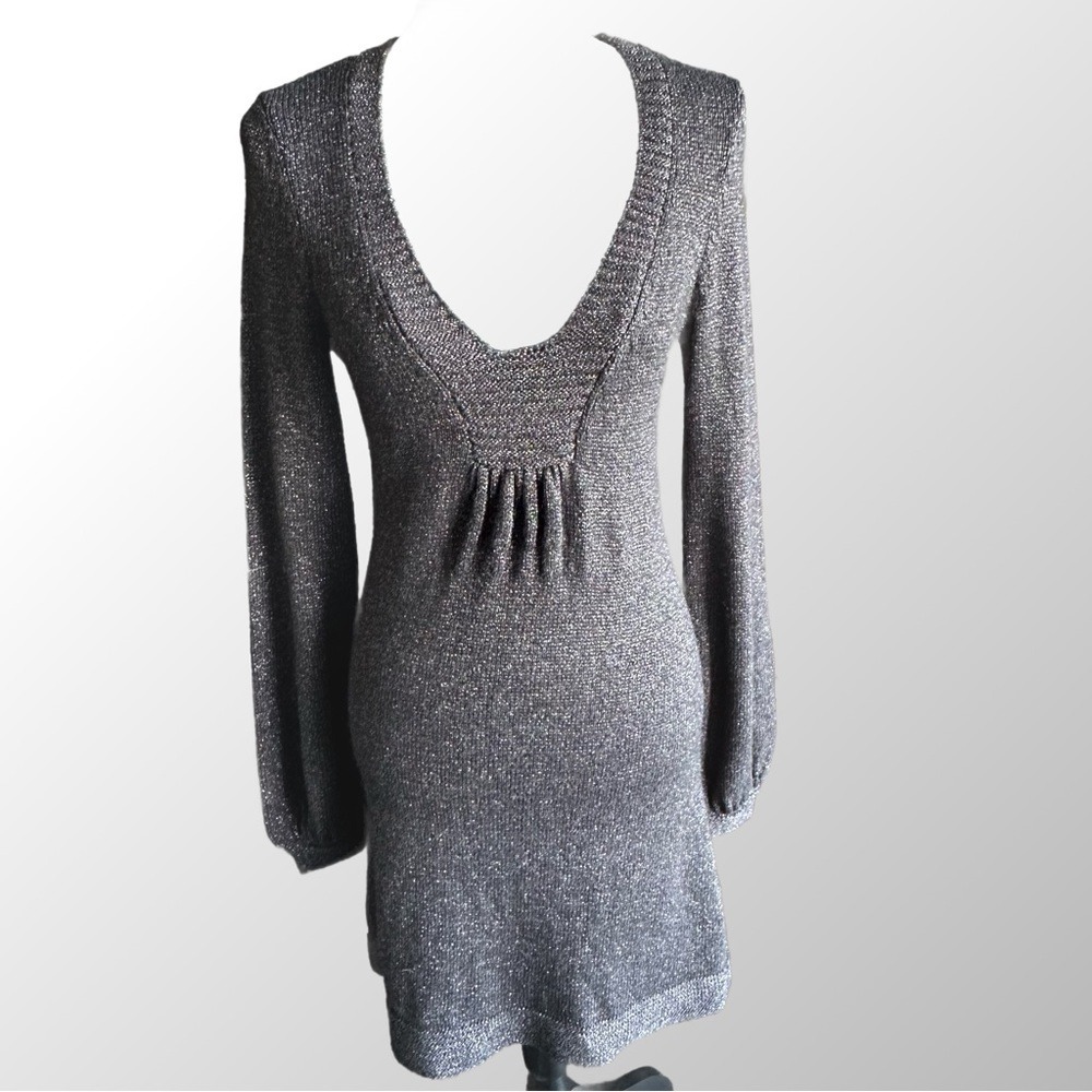 Rebecca Taylor Sweater Dress Womens Medium Gray Metallic V-Neck Bishop Sleeve